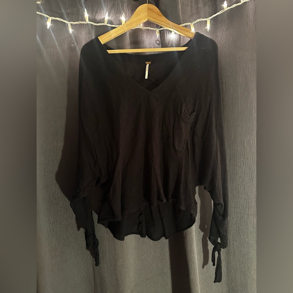 Free People - Black Blouse, Tied Sleeves Size M